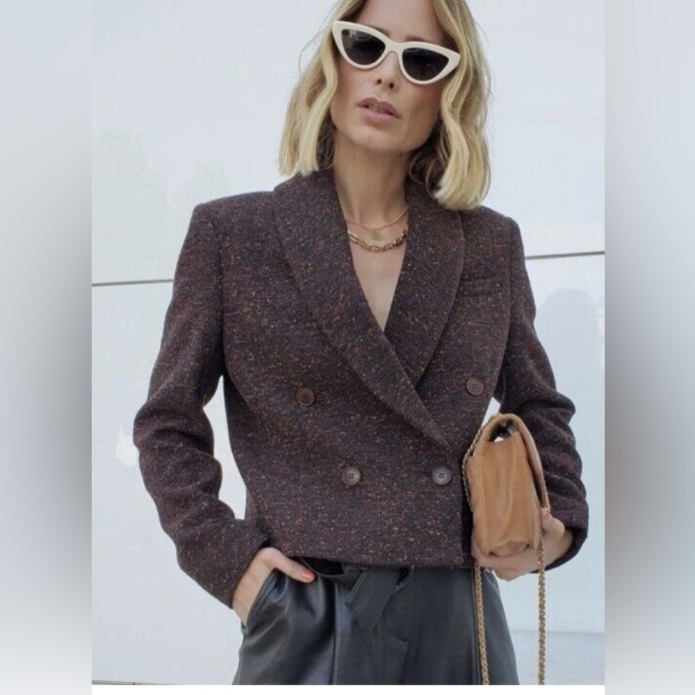 Anine Bing Crop Double Breasted Blazer Brown Size Small